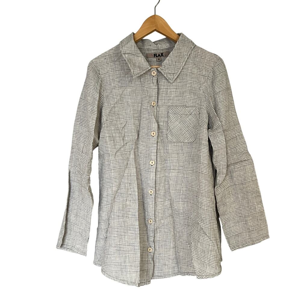 FLAX Women's 100% Linen Plaid Button Front Shirt Size P 4-6 Gray Long Sleeves